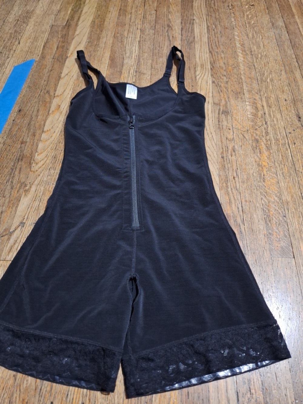 SHEIN Black Lace Trim Shapewear Romper with Front Zipper